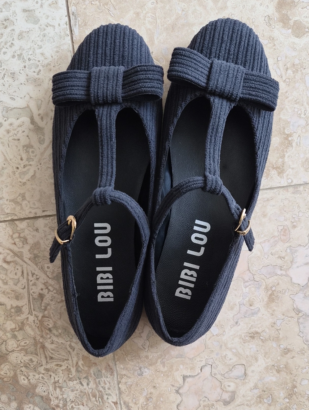 Bibi Lou Anthropologie Corduroy Bow T-Strap Karina Flats Gray EU 36 US 6